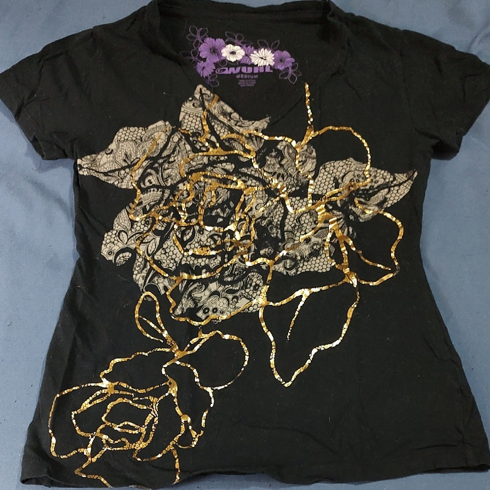 Wurl Black Tee with Gold Floral Design